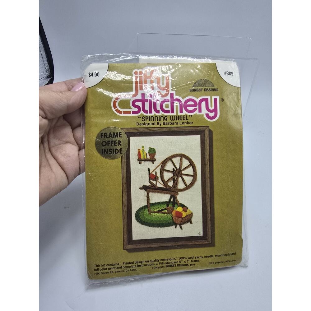 Vintage Spinning Wheel Crewel Embroidery Kit Jiffy Stitchery Sunset Designs 1975